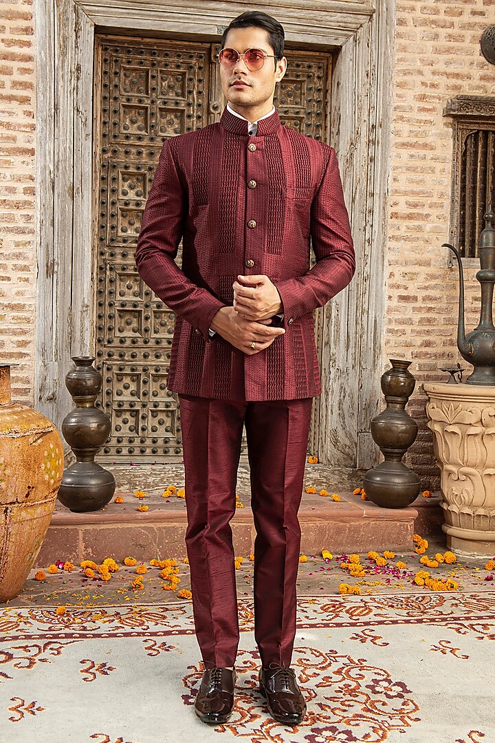 Maroon Dupion Silk Blend Wedding Bandhgala Set by Abkasa at Pernia's Pop Up Shop