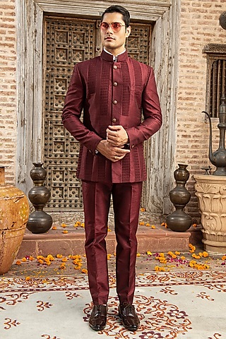 Prima Czar - Red Jacquard Shirt Satin Checkered Suit And Pant Set For Men