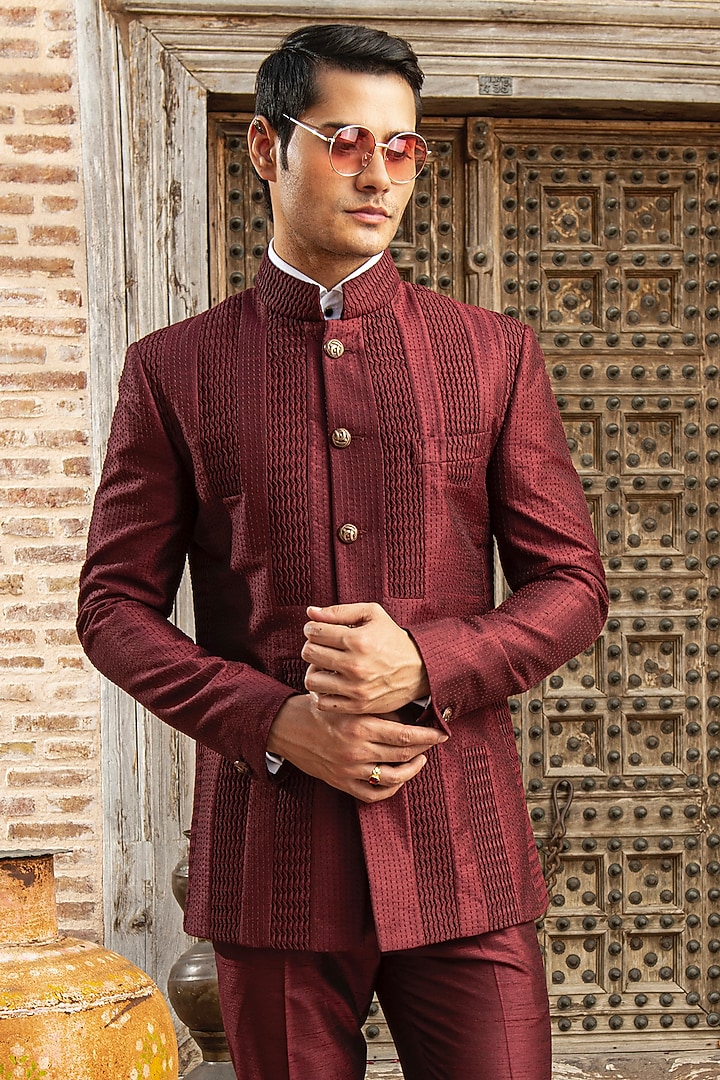 Maroon Dupion Silk Blend Wedding Bandhgala Set by Abkasa at Pernia's Pop Up Shop