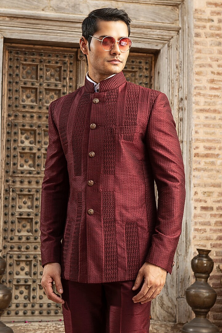 Maroon Dupion Silk Blend Wedding Bandhgala Set by Abkasa at Pernia's Pop Up Shop