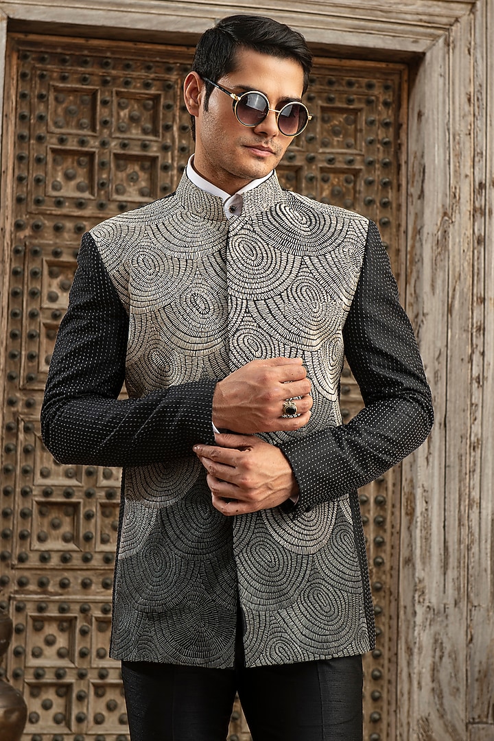 Black Silk Dupion Kantha Embroidered Wedding Bandhgala Set by Abkasa at Pernia's Pop Up Shop