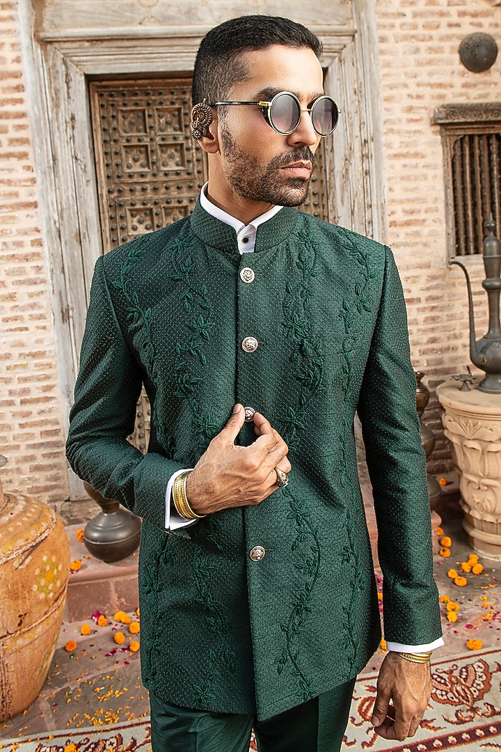 Forest Green Silk Dupion Blend Embroidered Wedding Bandhgala Set by Abkasa at Pernia's Pop Up Shop