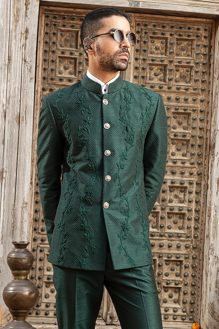 Forest Green Silk Dupion Blend Embroidered Wedding Bandhgala Set by Abkasa at Pernia's Pop Up Shop