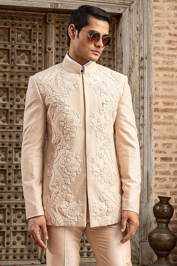 Peach Silk Dupion Blend Floral Embroidered Wedding Bandhgala Set by Abkasa at Pernia's Pop Up Shop