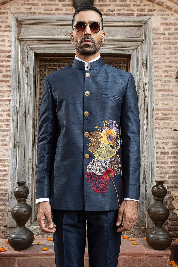 Blue Silk Dupion Blend Zardosi Embroidered Wedding Bandhgala Set by Abkasa at Pernia's Pop Up Shop