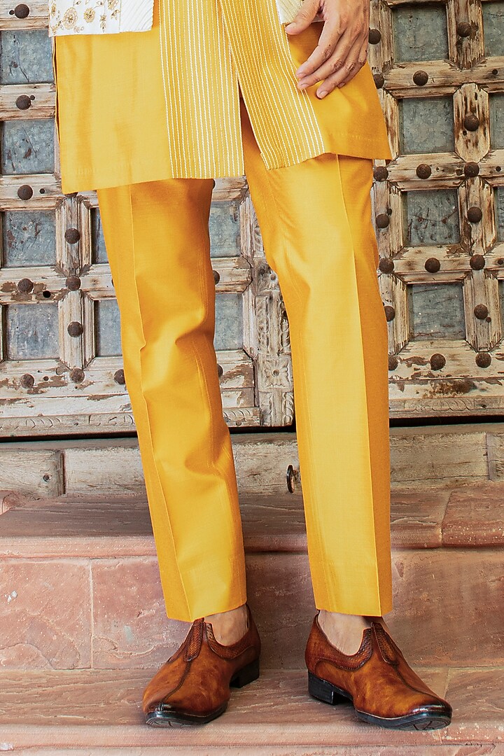 Yellow Silk Dupion Blend Floral Embroidered Wedding Indowestern Set by Abkasa at Pernia's Pop Up Shop