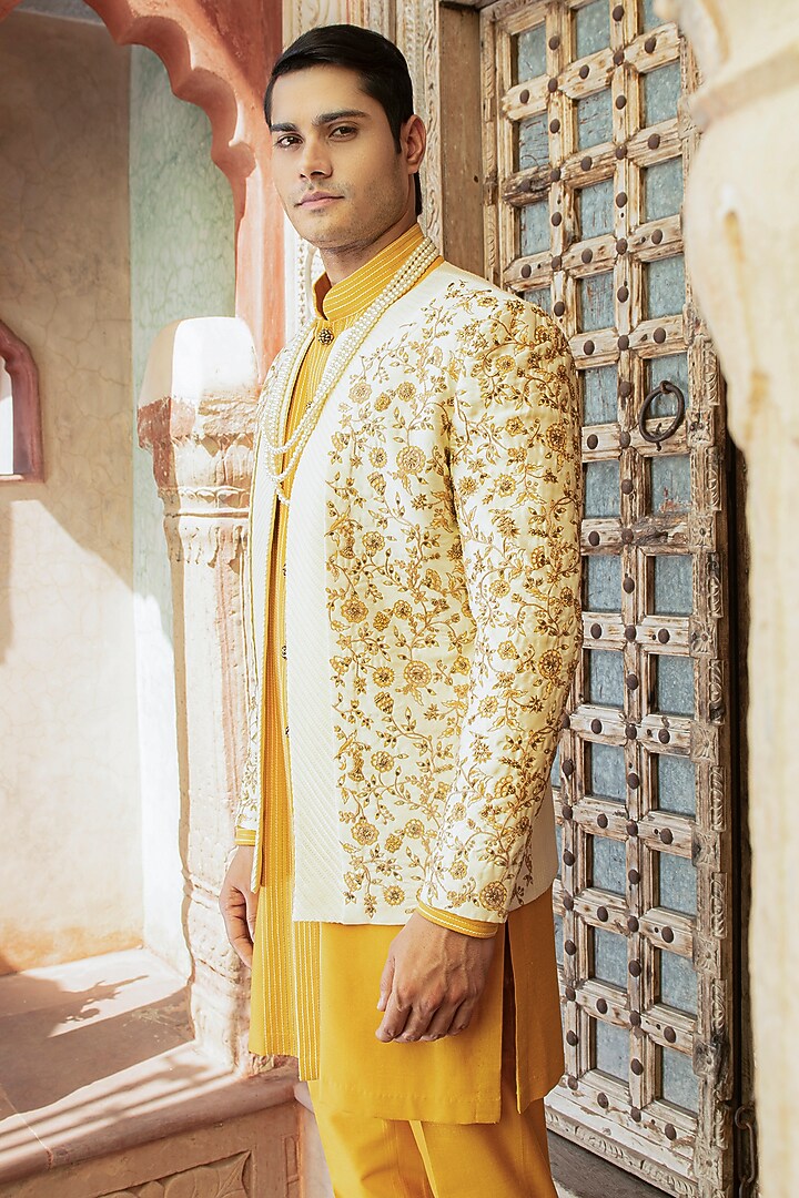 Yellow Silk Dupion Blend Floral Embroidered Wedding Indowestern Set by Abkasa at Pernia's Pop Up Shop