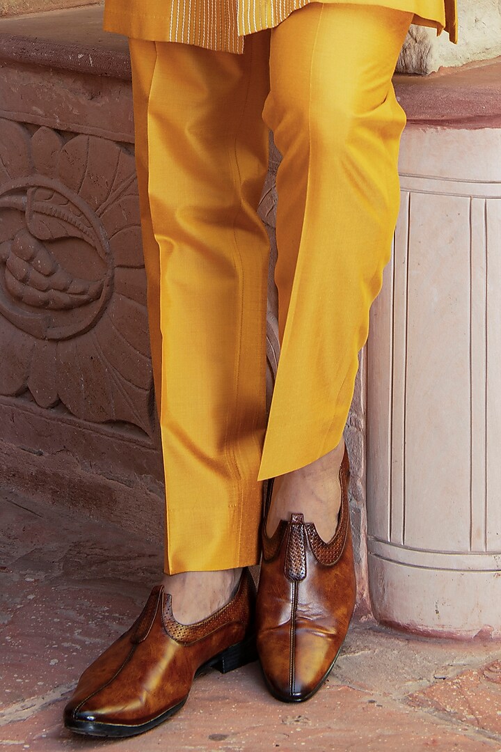 Yellow Silk Dupion Blend Floral Embroidered Wedding Indowestern Set by Abkasa at Pernia's Pop Up Shop