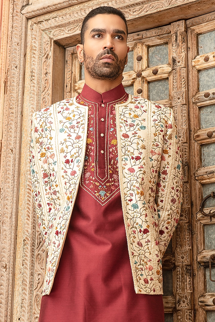 Cream Silk Dupion Blend Floral Embroidered Wedding Indowestern Set by Abkasa at Pernia's Pop Up Shop