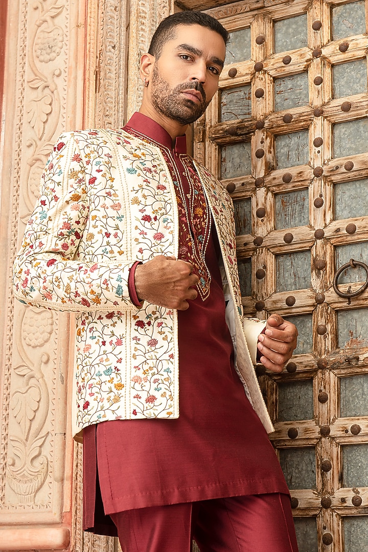 Cream Silk Dupion Blend Floral Embroidered Wedding Indowestern Set by Abkasa at Pernia's Pop Up Shop