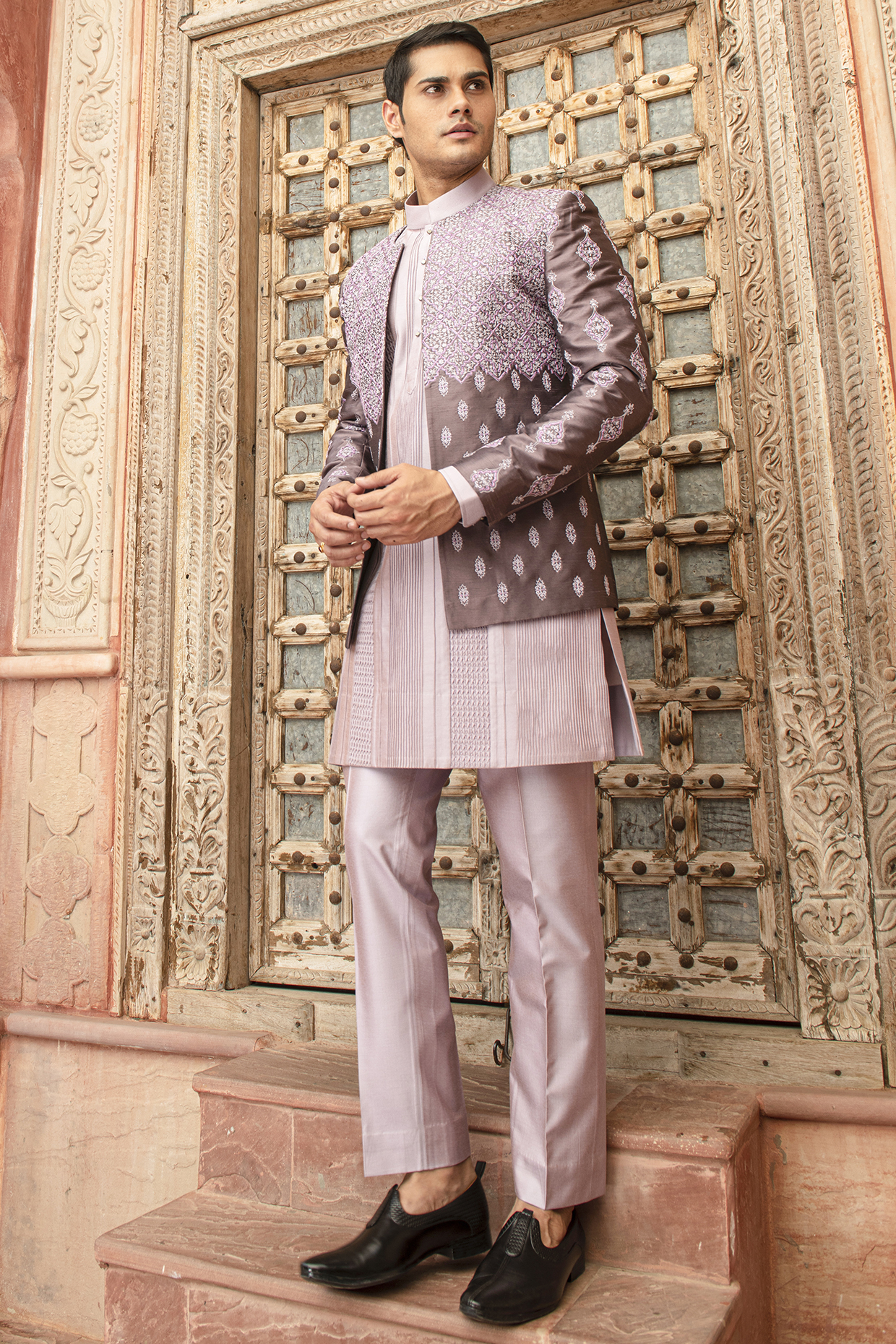 Lavender Silk Dupion Blend Embroidered Wedding Indowestern Set by Abkasa at Pernia's Pop Up Shop