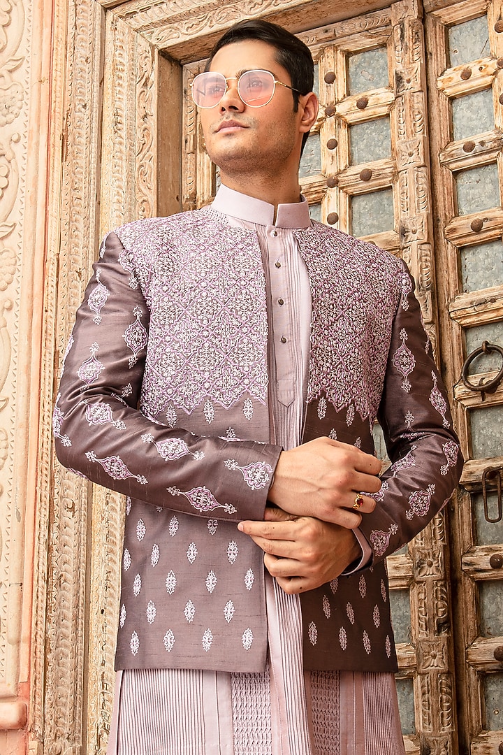 Lavender Silk Dupion Blend Embroidered Wedding Indowestern Set by Abkasa at Pernia's Pop Up Shop