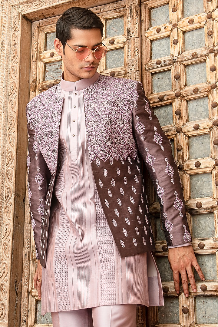 Lavender Silk Dupion Blend Embroidered Wedding Indowestern Set by Abkasa at Pernia's Pop Up Shop