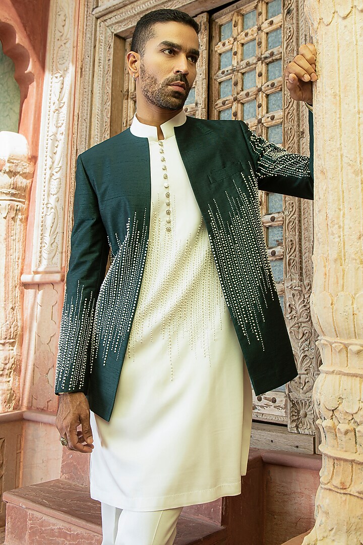Forest Green Silk Dupion Blend Embroidered Wedding Indowestern Set by Abkasa at Pernia's Pop Up Shop