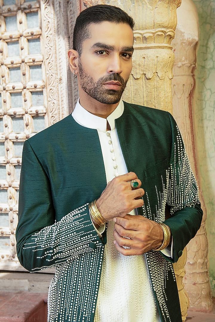 Forest Green Silk Dupion Blend Embroidered Wedding Indowestern Set by Abkasa at Pernia's Pop Up Shop