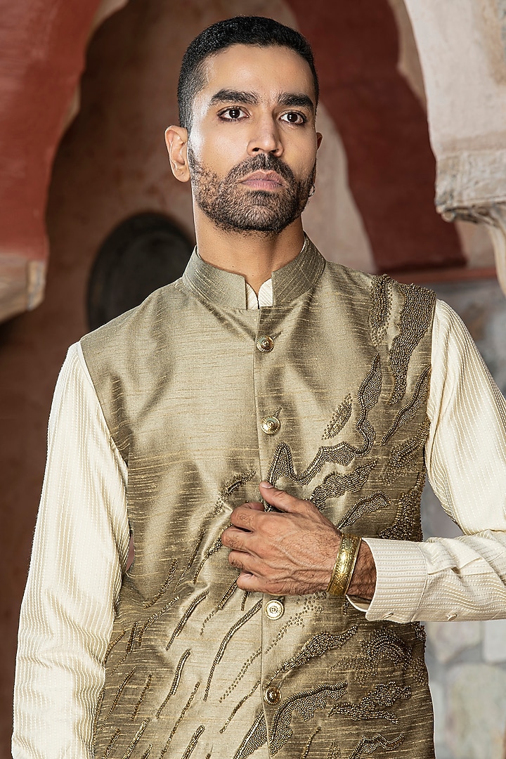 Gold Silk Dupion Blend 3D Embroidered Nehru Jacket by Abkasa at Pernia's Pop Up Shop