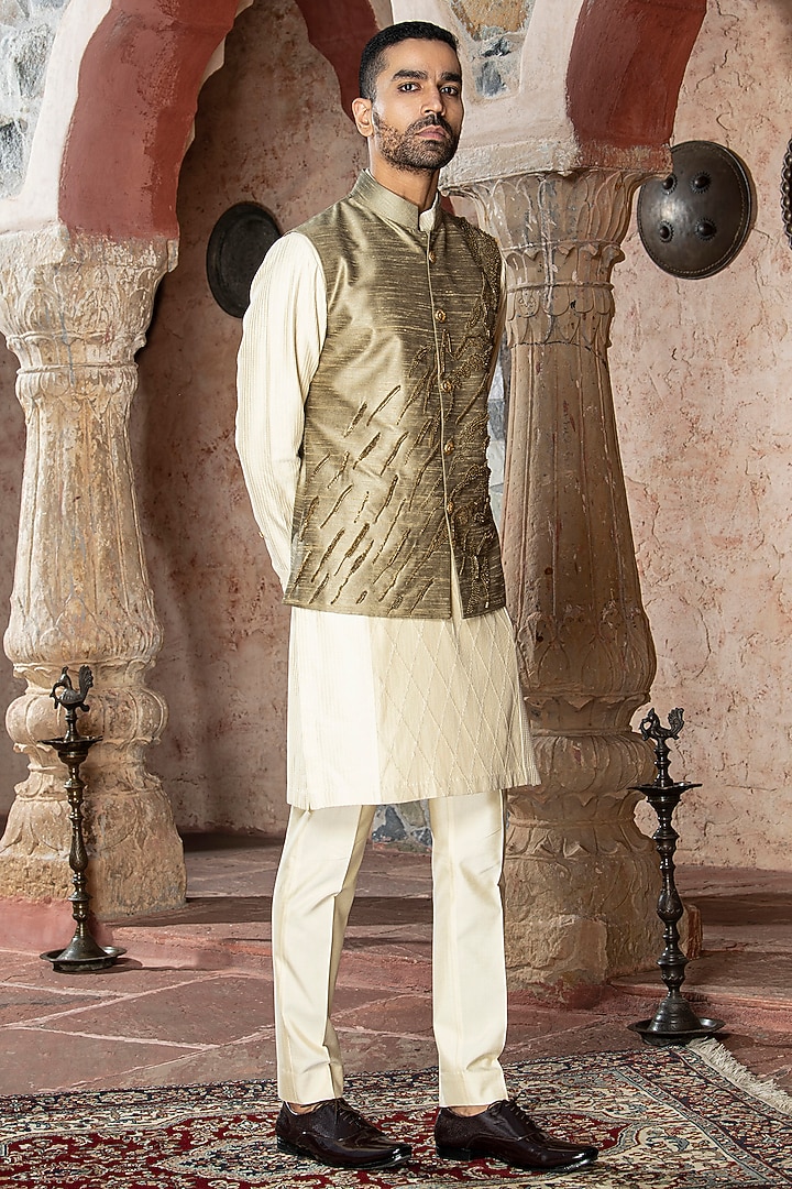 Gold Silk Dupion Blend 3D Embroidered Nehru Jacket by Abkasa at Pernia's Pop Up Shop