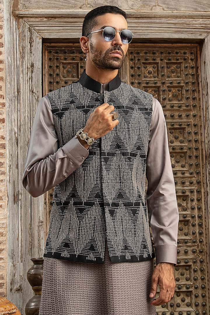 Black Dupion Raw Silk Blend Aari Embroidered Nehru Jacket by Abkasa at Pernia's Pop Up Shop