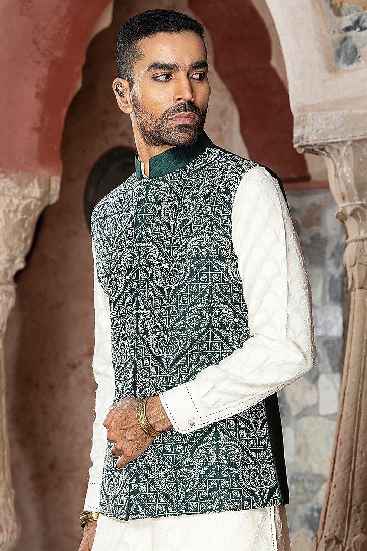 Green Dupion Raw Silk Blend Machine Embroidered Nehru Jacket by Abkasa at Pernia's Pop Up Shop