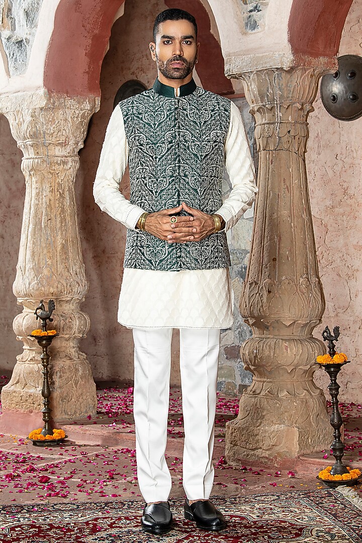 Green Dupion Raw Silk Blend Machine Embroidered Nehru Jacket by Abkasa at Pernia's Pop Up Shop