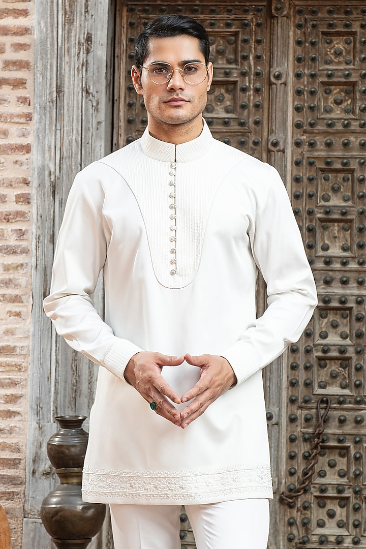 White Modal Satin Floral Embroidered Kurta Set by Abkasa at Pernia's Pop Up Shop
