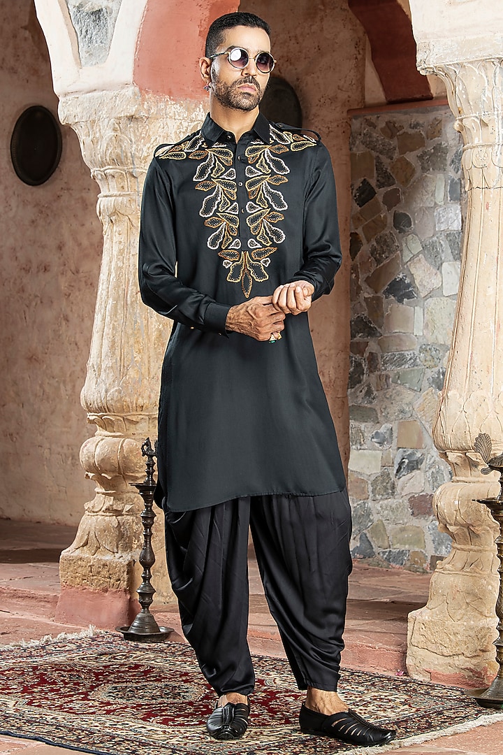 Black Modal Satin Zardosi Embroidered Kurta Set by Abkasa