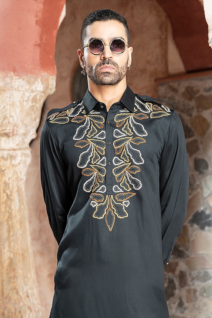 Black Modal Satin Zardosi Embroidered Kurta Set by Abkasa at Pernia's Pop Up Shop
