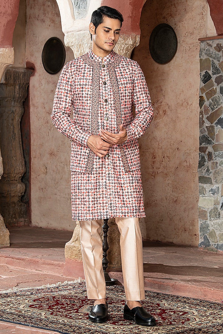 Pink Cotton Poly Blend Embroidered Nehru Jacket Set by Abkasa