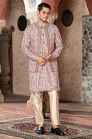 Men's Onion Pink Solid Kurta Pant With Mirror Over Coat Combo Set -  Absolutely Desi