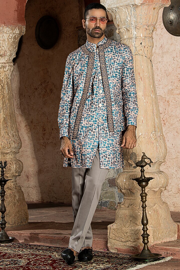 Blue Cotton Poly Blend Embroidered Indowestern Set by Abkasa at Pernia's Pop Up Shop