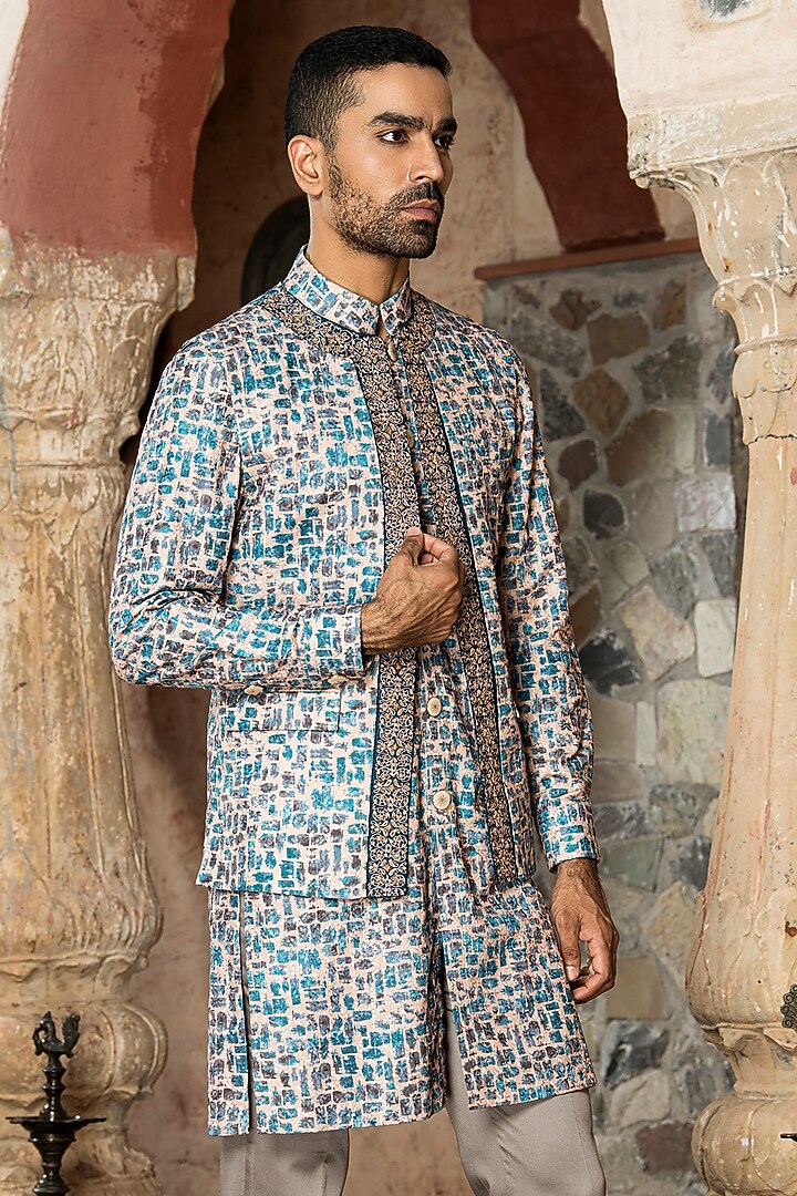 Blue Cotton Poly Blend Embroidered Indowestern Set by Abkasa at Pernia's Pop Up Shop
