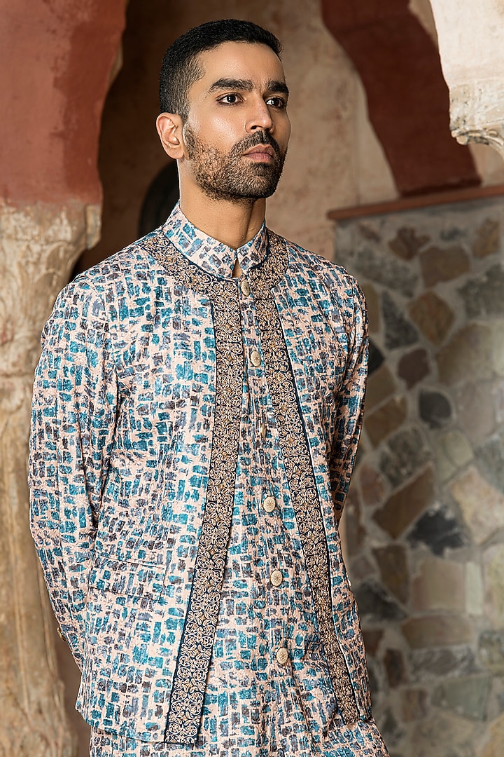 Blue Cotton Poly Blend Embroidered Indowestern Set by Abkasa at Pernia's Pop Up Shop