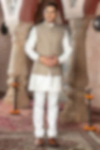 Khaki Cotton Poly Blend Nehru Jacket Set by Abkasa