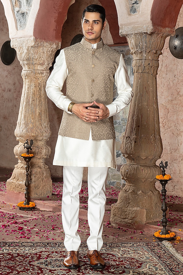 Khaki Cotton Poly Blend Nehru Jacket Set by Abkasa