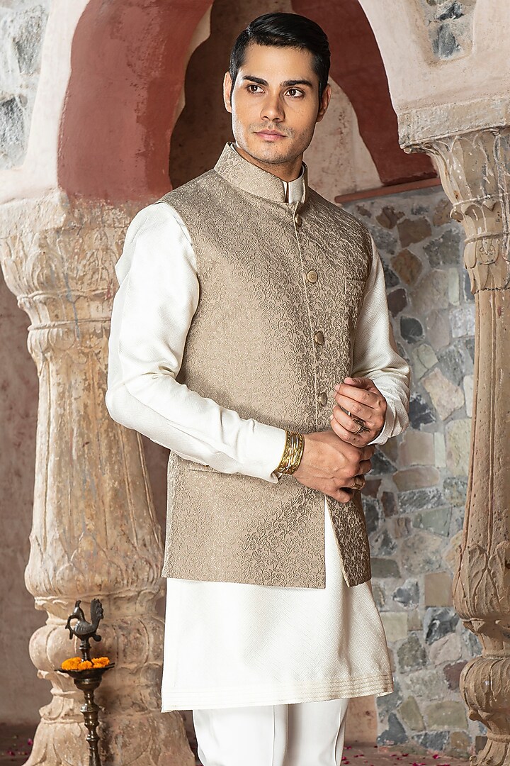 Khaki Cotton Poly Blend Nehru Jacket Set by Abkasa at Pernia's Pop Up Shop