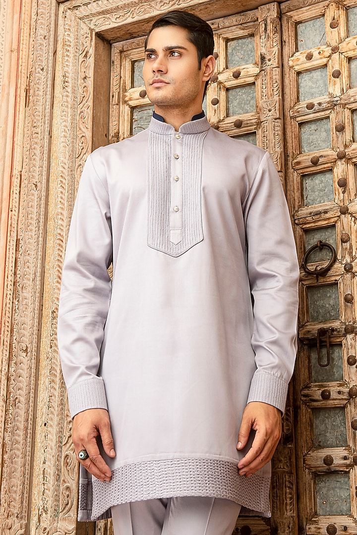 Powder Blue Modal Satin Kurta Set by Abkasa at Pernia's Pop Up Shop