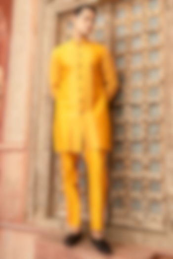 Yellow Katan Silk Kurta Set by Abkasa