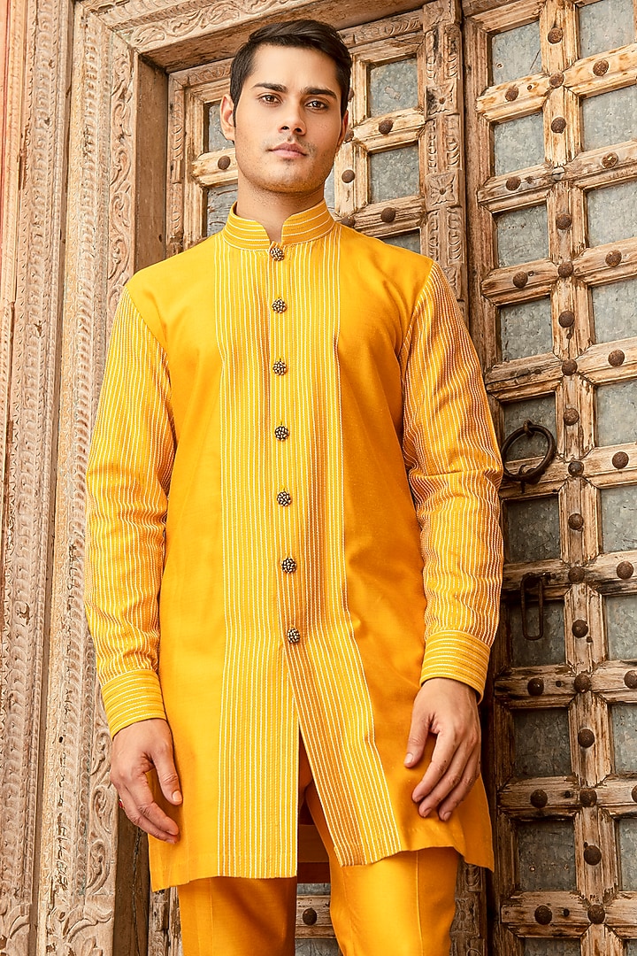 Yellow Katan Silk Kurta Set by Abkasa at Pernia's Pop Up Shop