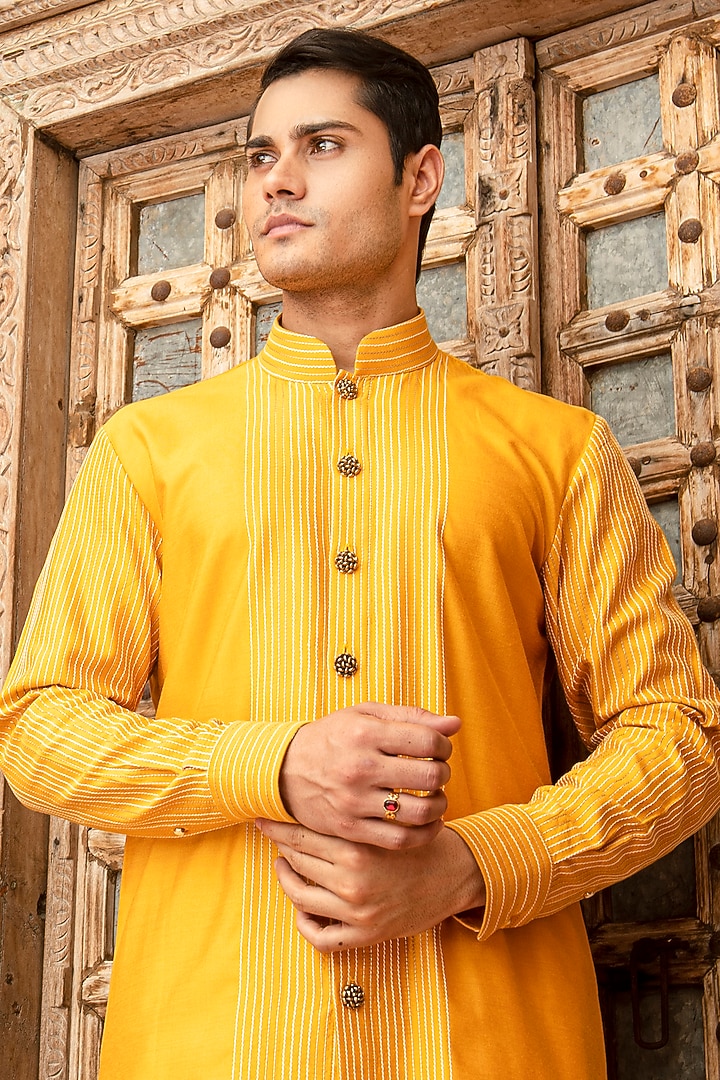 Yellow Katan Silk Kurta Set by Abkasa at Pernia's Pop Up Shop