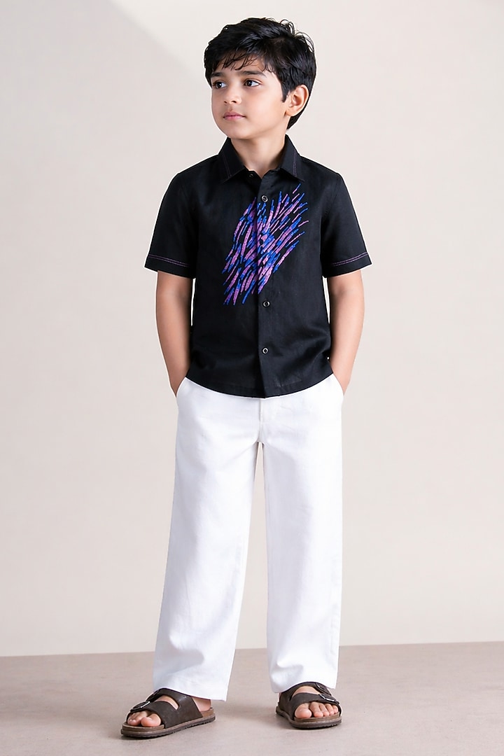 Black Linen Motif Embroidered Shirt For Boys by Abkasa - Kids at Pernia's Pop Up Shop