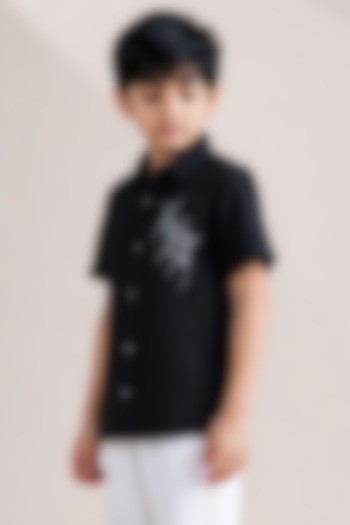 Black Linen French Knot Embroidered Shirt For Boys by Abkasa - Kids at Pernia's Pop Up Shop