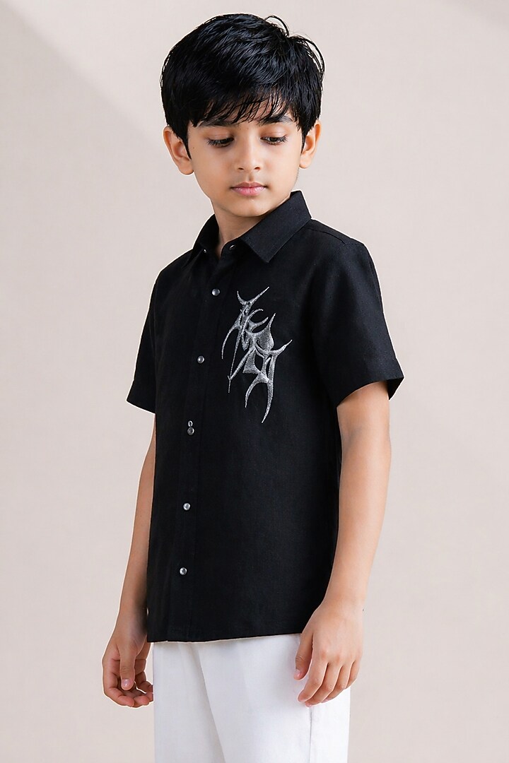 Black Linen French Knot Embroidered Shirt For Boys by Abkasa - Kids at Pernia's Pop Up Shop