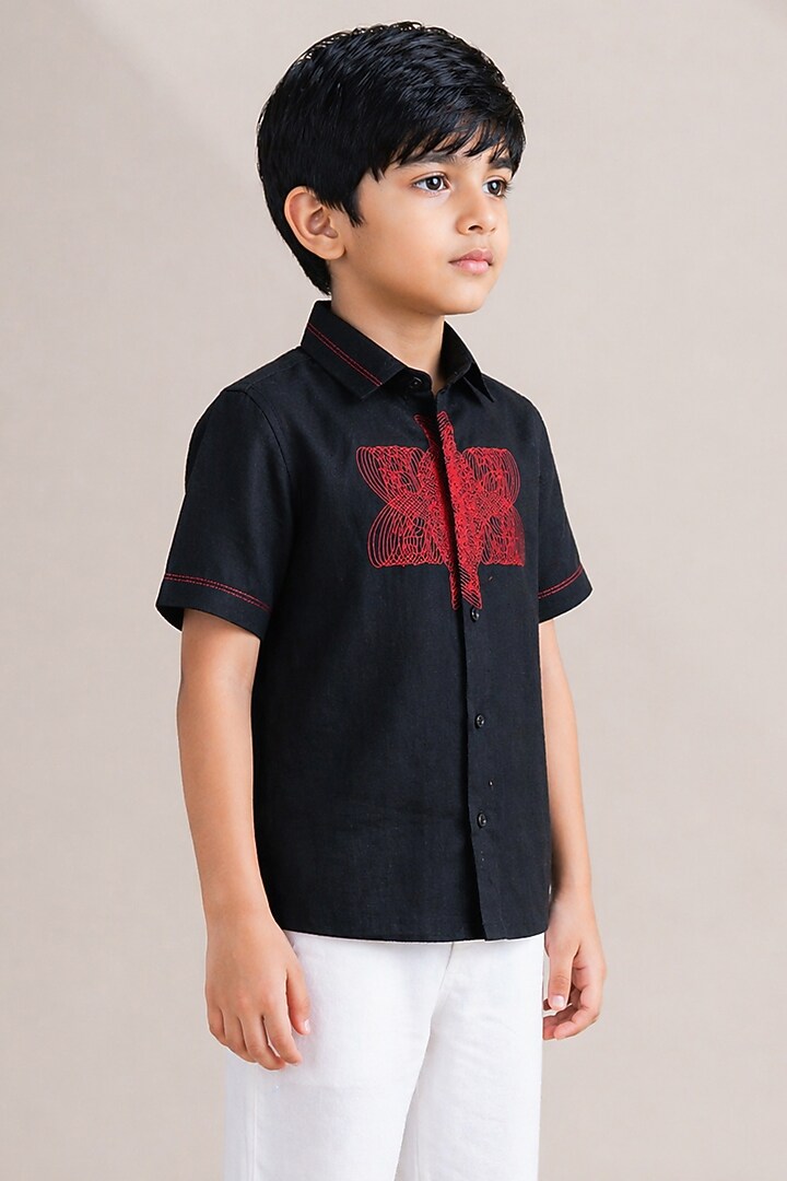 Black Linen Thread Embroidered Shirt For Boys by Abkasa - Kids at Pernia's Pop Up Shop