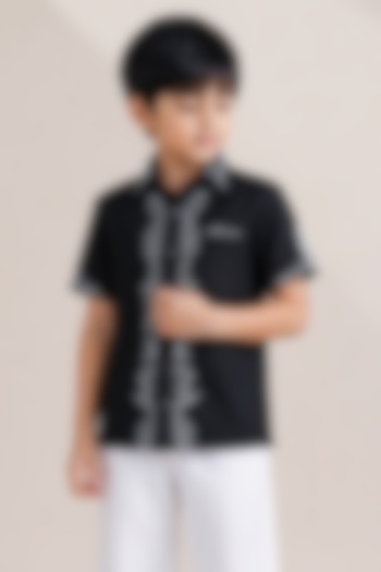 Black Linen White Thread Embroidered Shirt For Boys by Abkasa - Kids at Pernia's Pop Up Shop