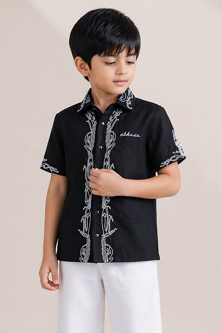 Black Linen White Thread Embroidered Shirt For Boys by Abkasa - Kids at Pernia's Pop Up Shop