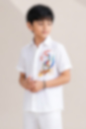 White Linen French Knot Embroidered Shirt For Boys by Abkasa - Kids at Pernia's Pop Up Shop