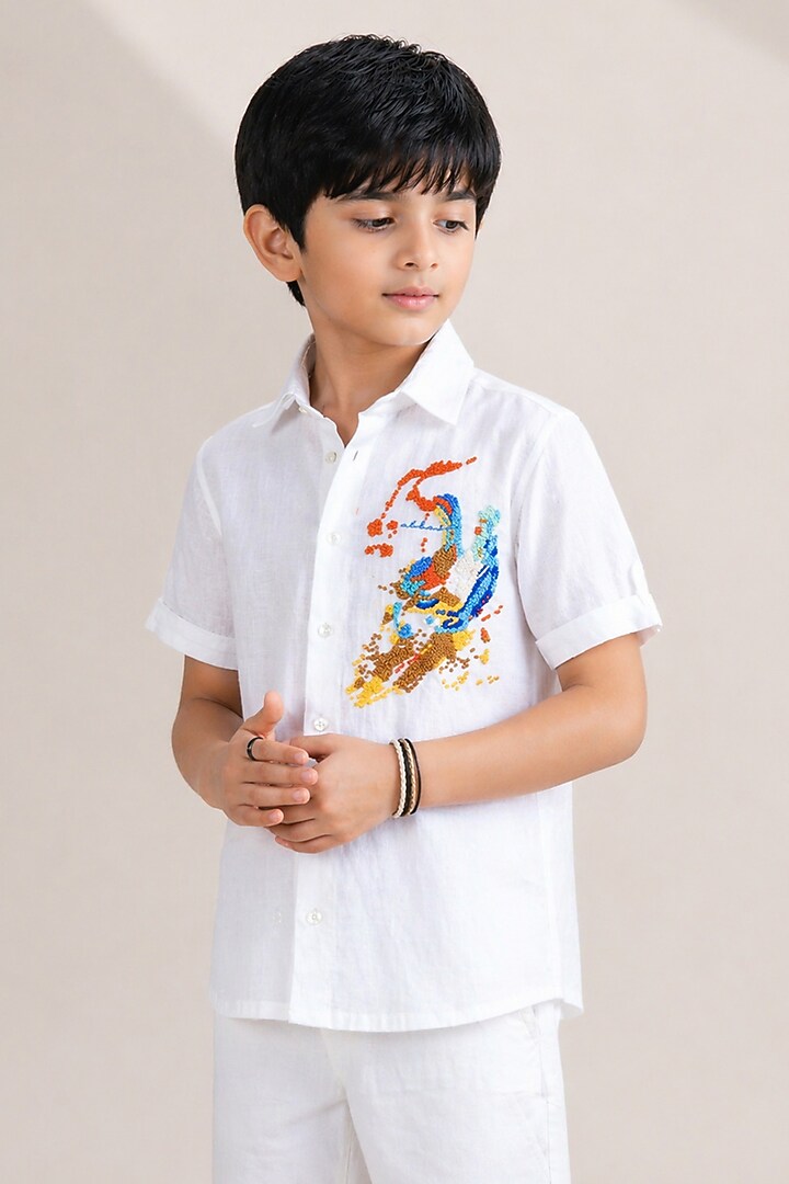 White Linen French Knot Embroidered Shirt For Boys by Abkasa - Kids at Pernia's Pop Up Shop