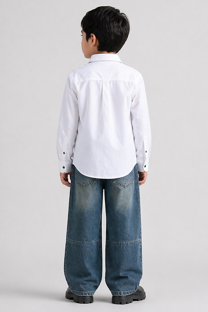 White Cotton Patchwork Embroidered Shirt For Boys by Abkasa - Kids at Pernia's Pop Up Shop