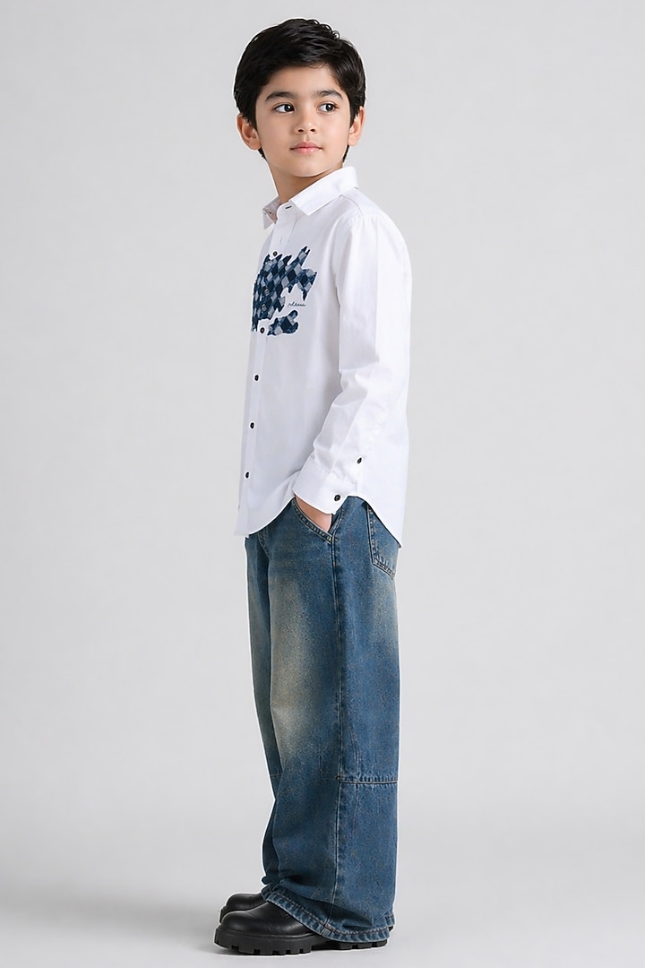 White Cotton Patchwork Embroidered Shirt For Boys by Abkasa - Kids at Pernia's Pop Up Shop