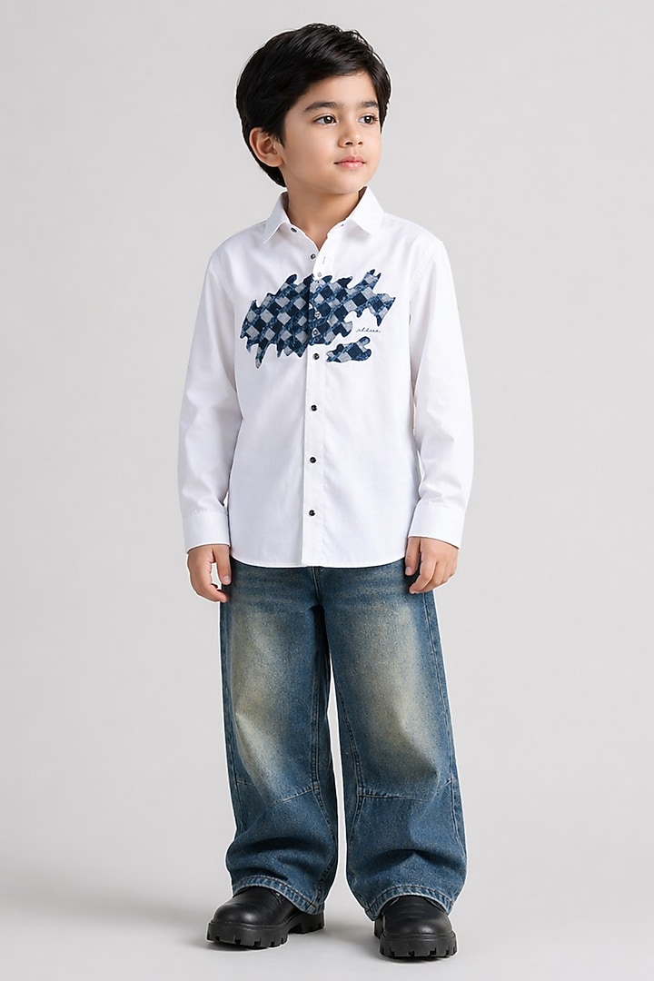 White Cotton Patchwork Embroidered Shirt For Boys by Abkasa - Kids at Pernia's Pop Up Shop